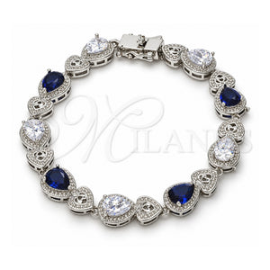 Pulsera Tennis 03.210.0072.8.08 Oro Laminado Blanco, Diseño de Corazón y Gota, con Zirconia Cubica Zafiro Azul y Blanca, Pulido, Rodinado (Grosor 09 MM, 8 Pulgadas de Largo)