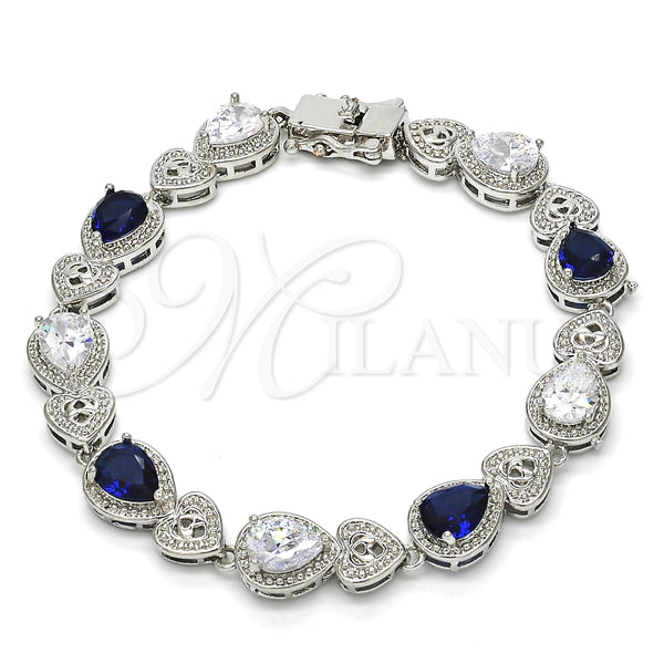 Pulsera Tennis 03.210.0072.8.08 Rodio Laminado, Diseño de Corazón y Gota, con Zirconia Cubica Zafiro Azul y Blanca, Pulido, Rodinado (Grosor 09 MM, 8 Pulgadas de Largo)