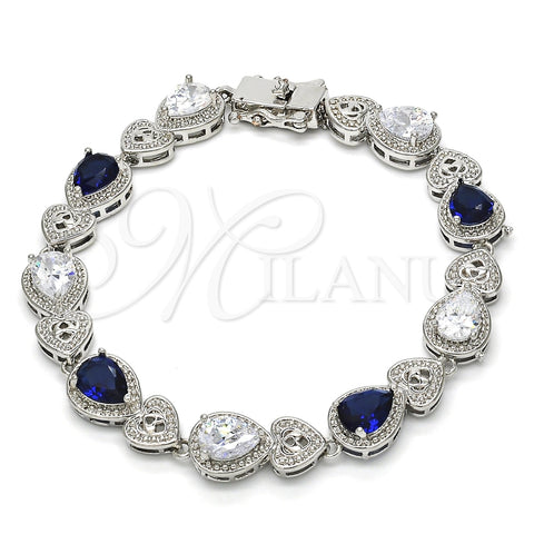 Pulsera Tennis 03.210.0072.8.08 Rodio Laminado, Diseño de Corazón y Gota, con Zirconia Cubica Zafiro Azul y Blanca, Pulido, Rodinado (Grosor 09 MM, 8 Pulgadas de Largo)