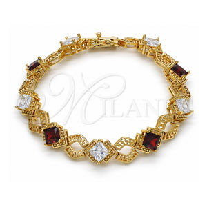 Pulsera Tennis 03.210.0073.1.08 Oro Laminado, Diseño de Llave Griega y Cierre De Cajon, con Zirconia Cubica Granate y Blanca, Pulido, Tono Dorado (Grosor 10 MM, 8 Pulgadas de Largo)