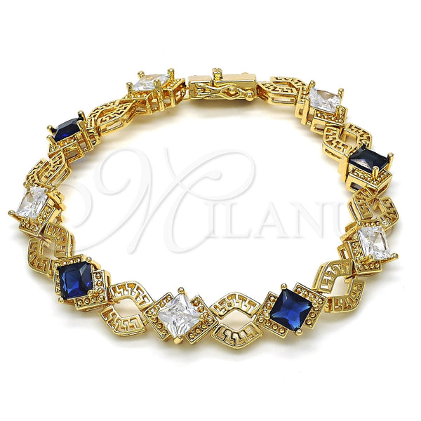 Pulsera Tennis 03.210.0073.4.08 Oro Laminado, Diseño de Llave Griega, con Zafiro Azul and Blanca Zirconia Cubica, Pulido, Tono Dorado (10 MM Thickness, 8 Inches Length)
