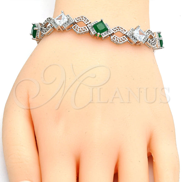 Pulsera Tennis 03.210.0073.7.08 Rodio Laminado, Diseño de Llave Griega, con Zirconia Cubica Verde y Blanca, Pulido, Rodinado (Grosor 10 MM, 8 Pulgadas de Largo)