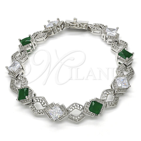 Pulsera Tennis 03.210.0073.7.08 Rodio Laminado, Diseño de Llave Griega, con Zirconia Cubica Verde y Blanca, Pulido, Rodinado (Grosor 10 MM, 8 Pulgadas de Largo)
