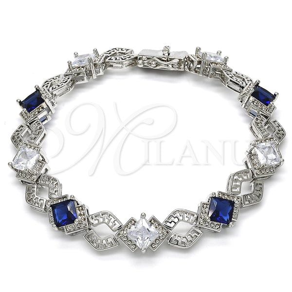 Pulsera Tennis 03.210.0073.8.08 Rodio Laminado, Diseño de Llave Griega, con Zirconia Cubica Zafiro Azul y Blanca, Pulido, Rodinado (Grosor 10 MM, 8 Pulgadas de Largo)