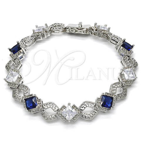 Pulsera Tennis 03.210.0073.8.08 Rodio Laminado, Diseño de Llave Griega, con Zirconia Cubica Zafiro Azul y Blanca, Pulido, Rodinado (Grosor 10 MM, 8 Pulgadas de Largo)