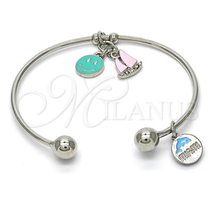 Aro Individual 07.179.0003.1 Rodio Laminado, Diseño de Carita Feliz y Delfín, con Cristal Blanca, Esmaltado Multicolor, Rodinado (Grosor 02 MM, Talla Unica)