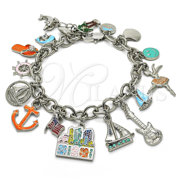 Pulsera de Dije 03.179.0033.1.08 Rodio Laminado, Diseño de Ancla y Guitarra, con Cristal Blanca, Esmaltado Multicolor, Rodinado (Grosor 08 MM, 8 Pulgadas de Largo)