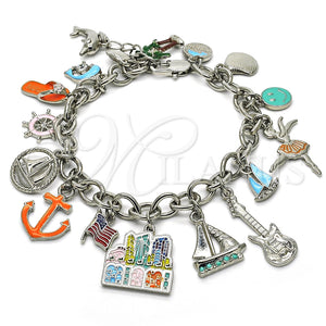 Pulsera de Dije 03.179.0033.1.08 Rodio Laminado, Diseño de Ancla y Guitarra, con Cristal Blanca, Esmaltado Multicolor, Rodinado (Grosor 08 MM, 8 Pulgadas de Largo)