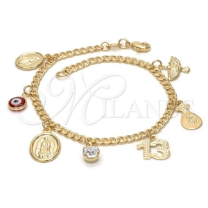 Pulsera de Dije 03.32.0072.07 Oro Laminado, Diseño de Guadalupe y Ojo Griego, con Blanca Zirconia Cubica, Resinado Rojo, Tono Dorado (7 Inches Length)
