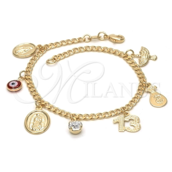 Pulsera de Dije 03.32.0072.07 Oro Laminado, Diseño de Guadalupe y Ojo Griego, con Blanca Zirconia Cubica, Resinado Rojo, Tono Dorado (7 Inches Length)