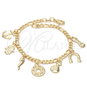Pulsera de Dije 03.32.0074.07 Oro Laminado, Diseño de Estrella de Davi y Ancla, Pulido, Tono Dorado (7 Inches Length)