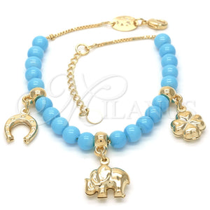 Pulsera de Dije 03.32.0081.2.08 Oro Laminado, Diseño de Elefante y Trébol de Cuatro Hojas, con Topacio Azul Opal, Pulido, Tono Dorado (8 Inches Length)