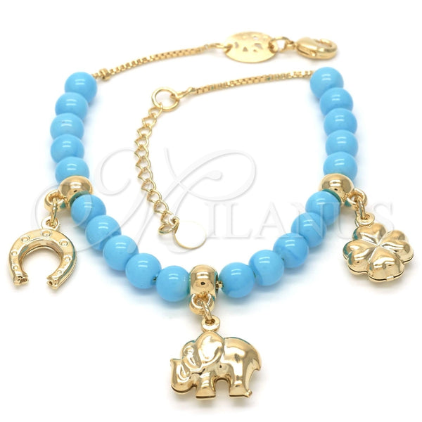 Pulsera de Dije 03.32.0081.2.08 Oro Laminado, Diseño de Elefante y Trébol de Cuatro Hojas, con Topacio Azul Opal, Pulido, Tono Dorado (8 Inches Length)