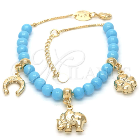 Pulsera de Dije 03.32.0081.2.08 Oro Laminado, Diseño de Elefante y Trébol de Cuatro Hojas, con Topacio Azul Opal, Pulido, Tono Dorado (8 Inches Length)