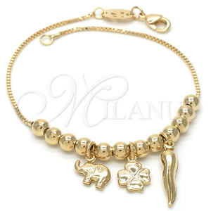 Pulsera de Dije 03.32.0082.08 Oro Laminado, Diseño de Elefante y Trébol de Cuatro Hojas, Pulido, Tono Dorado (8 Inches Length)