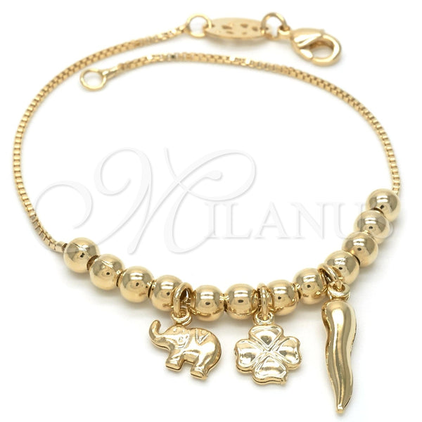 Pulsera de Dije 03.32.0082.08 Oro Laminado, Diseño de Elefante y Trébol de Cuatro Hojas, Pulido, Tono Dorado (8 Inches Length)