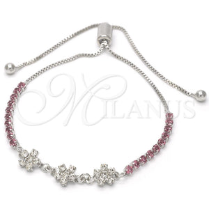 Pulsera Bolo Ajustable 03.32.0107.3.10 Rodio Laminado, Diseño de Flor y Box, con Zirconia Cubica Rosado y Blanca, Pulido, Rodinado (10 Pulgadas de Largo)