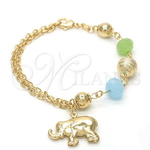Pulsera de Dije 03.32.0114.07 Oro Laminado, Diseño de Elefante y Bola, con Manzana Verde Oscuro and Aguamarina Opal, Pulido, Tono Dorado (7 Inches Length)