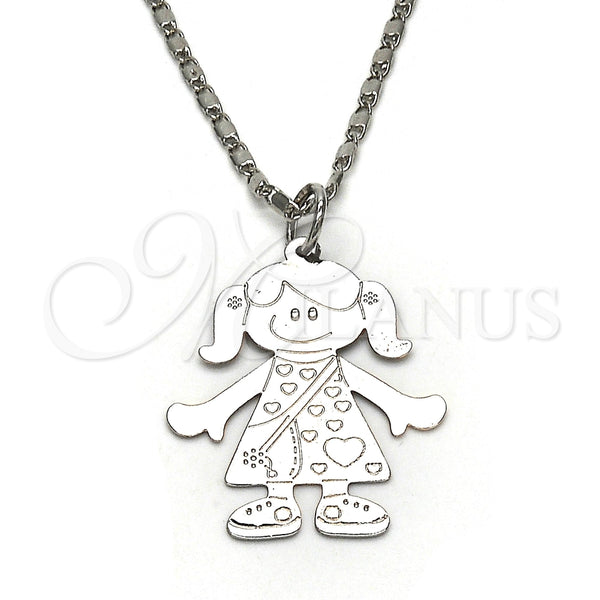 Collares con Dije 04.106.0032.1.20 Rodio Laminado, Diseño de Niñita Pequeña y Corazón, Pulido, Rodinado (Grosor 02 MM, 20 Pulgadas de Largo)