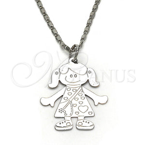 Collares con Dije 04.106.0032.1.20 Rodio Laminado, Diseño de Niñita Pequeña y Corazón, Pulido, Rodinado (Grosor 02 MM, 20 Pulgadas de Largo)