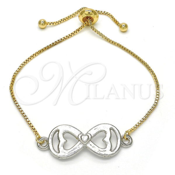 Pulsera Bolo Ajustable 03.63.1839.10 Oro Laminado, Diseño de Infinito y Corazón, Pulido, Dos Tonos (01 MM Thickness, 10 Inches Length)