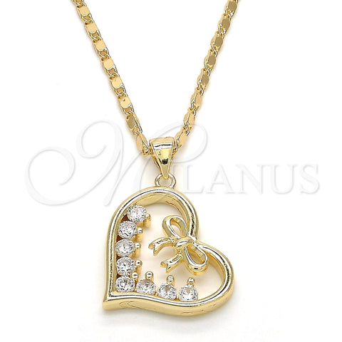 Collares con Dije 04.195.0013.20 Oro Laminado, Diseño de Corazón y Arco, con Blanca Zirconia Cubica, Pulido, Tono Dorado (02 MM Thickness, 20 Inches Length)