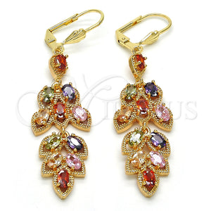 Arete Largo 02.323.0007.1 Oro Laminado, Diseño de Oja, con Multicolor Zirconia Cubica, Pulido, Tono Dorado