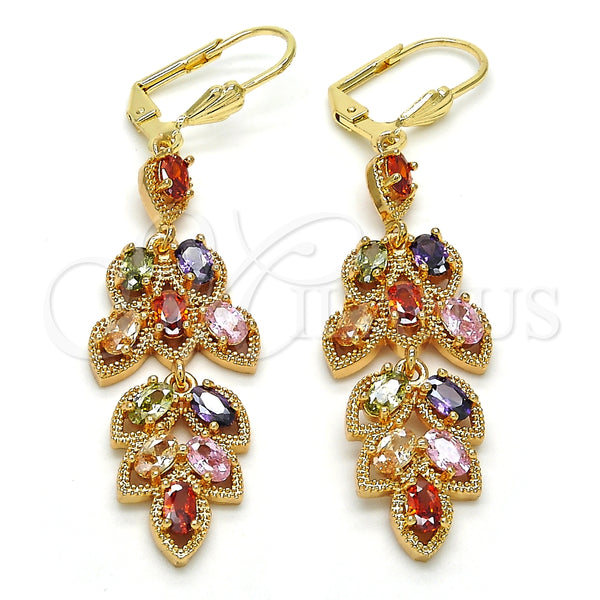 Arete Largo 02.323.0007.1 Oro Laminado, Diseño de Oja, con Multicolor Zirconia Cubica, Pulido, Tono Dorado