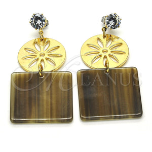 Arete Largo 02.268.0072.1 Oro Laminado, Diseño de Flor, con Blanca Zirconia Cubica, Resinado Mostaza, Tono Dorado