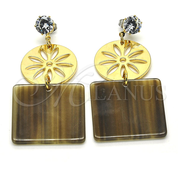 Arete Largo 02.268.0072.1 Oro Laminado, Diseño de Flor, con Blanca Zirconia Cubica, Resinado Mostaza, Tono Dorado