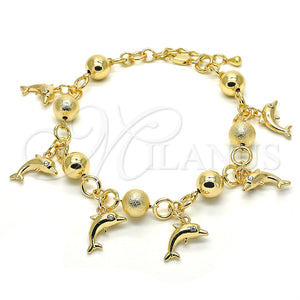 Tobillera de Dije 03.179.0053.10 Oro Laminado, Diseño de Delfín, con Blanca Cristal, Mate, Tono Dorado (10 MM Thickness, 10 Inches Length)