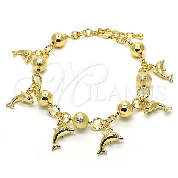 Tobillera de Dije 03.179.0053.10 Oro Laminado, Diseño de Delfín, con Blanca Cristal, Mate, Tono Dorado (10 MM Thickness, 10 Inches Length)