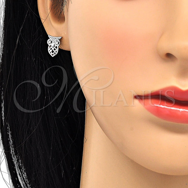 Arete Dormilona 02.310.0004.1 Rodio Laminado, Diseño de Búho, con Zirconia Cubica Blanca, Pulido, Rodinado