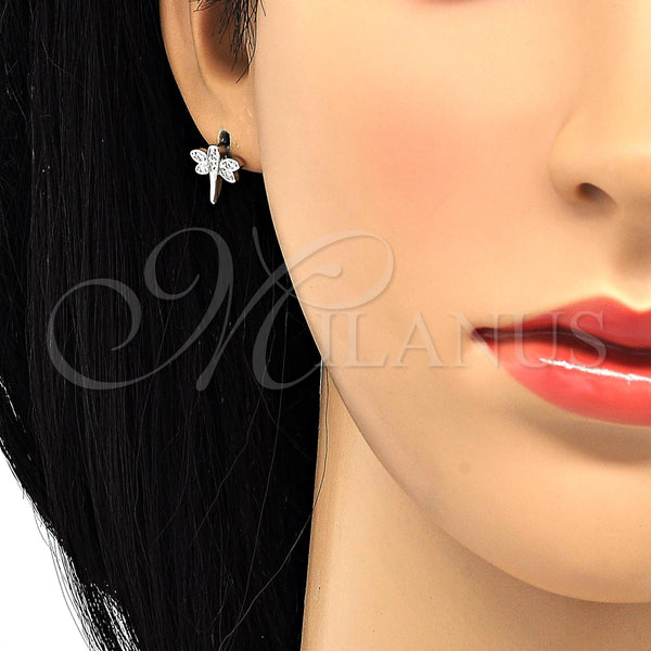 Arete Dormilona 02.310.0006.1 Rodio Laminado, Diseño de Libélula, con Zirconia Cubica Blanca, Pulido, Rodinado