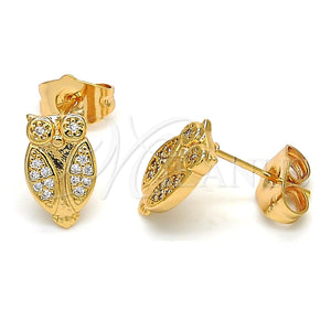 Arete Dormilona 02.310.0007 Oro Laminado, Diseño de Búho, con Blanca Micro Pave, Pulido, Tono Dorado