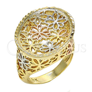 Anillo Elegante 01.100.0011.07 Oro Laminado, Diseño de Flor, Diamantado, Tres Tonos (Size 7)