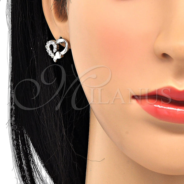 Arete Dormilona 02.210.0103.4 Rodio Laminado, Diseño de Corazón, con Zirconia Cubica Blanca, Pulido, Rodinado