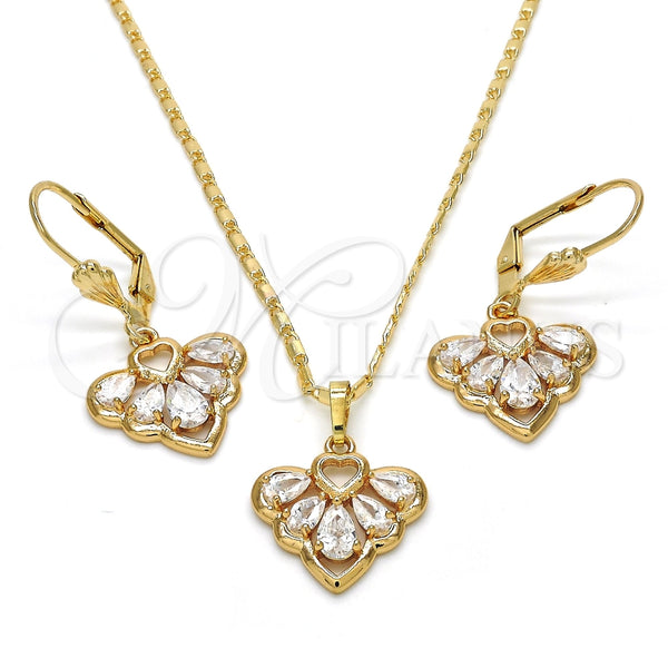 Juego de Arete y Dije de Adulto 10.264.0003 Oro Laminado, Diseño de Corazón y Gota, con Blanca Zirconia Cubica, Pulido, Tono Dorado