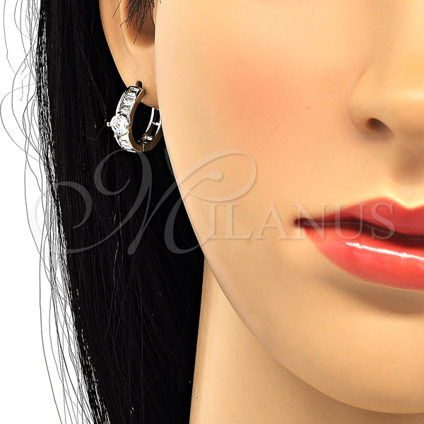 Argolla Huggie 02.210.0085.3.15 Rodio Laminado, Diseño de Baguette, con Zirconia Cubica Blanca, Pulido, Rodinado