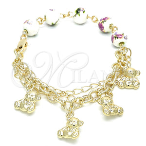 Pulsera de Dije 03.179.0059.07 Oro Laminado, Diseño de Osito y Flor, Pulido, Tono Dorado (08 MM Thickness, 7 Inches Length)