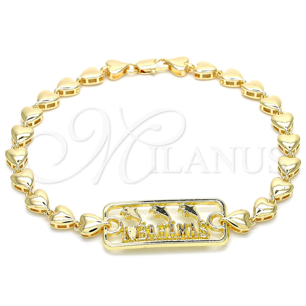 Tobillera Elegante 03.63.1854.10 Oro Laminado, Diseño de Delfín y Corazón, Pulido, Tono Dorado (07 MM Thickness, 10 Inches Length)