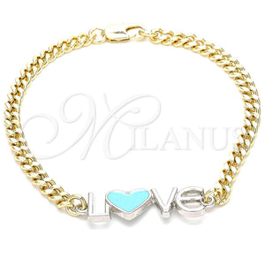 Pulsera Elegante 03.63.1858.07 Oro Laminado, Diseño de Amor y Corazón, Esmaltado Turquesa, Dos Tonos (04 MM Thickness, 7 Inches Length)