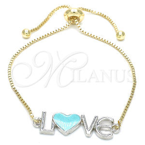 Pulsera Bolo Ajustable 03.63.1859.10 Oro Laminado, Diseño de Amor y Corazón, Esmaltado Turquesa, Dos Tonos (01 MM Thickness, 10 Inches Length)