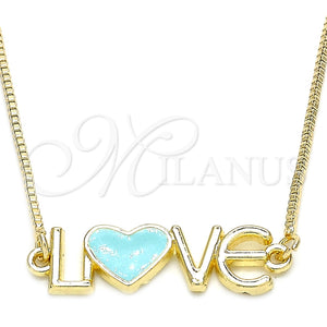 Collares con Dije 04.63.1381.20 Oro Laminado, Diseño de Con Nombre y Amor, Esmaltado Turquesa, Tono Dorado (01 MM Thickness, 20 Inches Length)