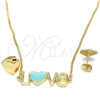 Juego de Arete y Dije de Adulto 06.63.0214 Oro Laminado, Diseño de Amor y Corazón, Esmaltado Turquesa, Tono Dorado