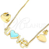 Juego de Arete y Dije de Adulto 06.63.0214 Oro Laminado, Diseño de Amor y Corazón, Esmaltado Turquesa, Tono Dorado