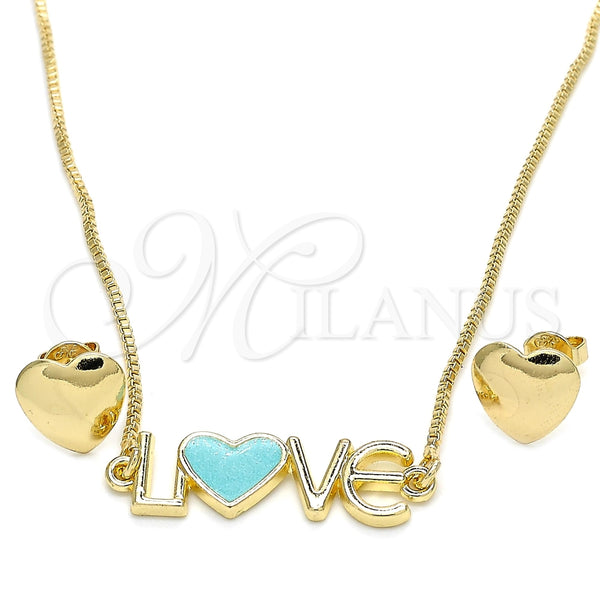 Juego de Arete y Dije de Adulto 06.63.0214 Oro Laminado, Diseño de Amor y Corazón, Esmaltado Turquesa, Tono Dorado