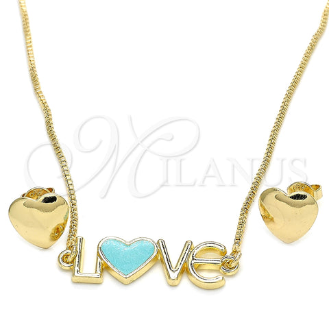 Juego de Arete y Dije de Adulto 06.63.0214 Oro Laminado, Diseño de Amor y Corazón, Esmaltado Turquesa, Tono Dorado