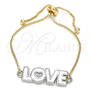 Pulsera Bolo Ajustable 03.63.1862.10 Oro Laminado, Diseño de Amor y Corazón, Esmaltado Blanco, Dos Tonos (01 MM Thickness, 10 Inches Length)