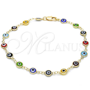 Tobillera Elegante 5.039.005.3.10 Oro Laminado, Diseño de Ojo Griego, Resinado Multicolor, Tono Dorado (07 MM Thickness, 10 Inches Length)